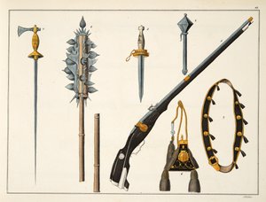 Fegyverek, köztük egy muskéta, 1400 körüli lemez a „A lovagság fejlődésének és szokásainak története”, Dr. Franz Kottenkamp, kiadó: Carl Hoffmann, 1842