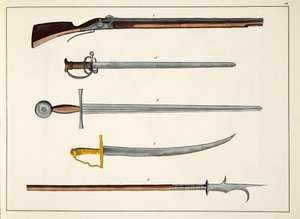 Fegyverek, köztük kardok és lándzsák, 1400 körül, tábla A lovagság fejlődésének és szokásainak történetéből, Dr. Franz Kottenkamp, kiadó: Carl Hoffmann, 1842