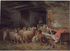 A kutyájával alvó pásztort ábrázoló emléktábla, oldalán egy felügyelet nélküli nyáj, 19. század vége – 20. század eleje alkotó: Friedrich Otto Gebler