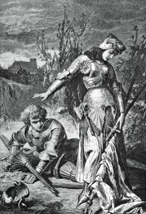 Joan of Arc és Lionel párbaja, illusztráció a Maid of Orleans számára, Friedrich Schiller (1759-1805) tragédiája, metszet alkotó: Friedrich Schiller