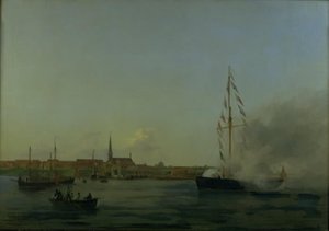 Nyborg kikötője. Az előtérben a "Neptunusz" vágó alkotó: Friedrich Theodore Kloss