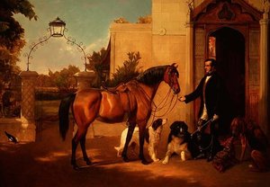 Egy úriember a vadászával és a kutyáival a háza előtt alkotó: Friedrich Wilhelm Keyl