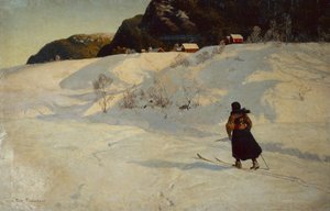 Téli jelenet egy síelővel alkotó: Fritz Thaulow