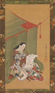 Szúnyogháló alatt olvasó nő, kb. 1720. alkotó: Fuhiken Tokikaze