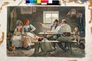 A csábító: egy férfi az asztal mellett ülő két fiatal parasztasszony egyikére mutat, ahol ül - Fjodor Fjodorovics Buchholz munkája (Feodor Feodorovich Bukholts, Teodor Buchholz) (1857-1942) alkotó: Fyodor Buchholz