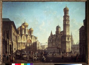 A katedrális tér a moszkvai Kremlben. Fjodor Jakovlevics Alekszejev (1753-1824) festménye. Olaj, vászon, 81,5 x 112 cm. Orosz művészeti klasszicizmus. Állami Tretyakov Galéria, Moszkva.