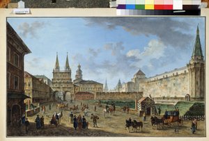 Moszkva, kilátás a feltámadás kapujára a Vörös téren. Fjodor Jakovlevics Alekszejev (1753-1824) festménye. Akvarell és gouache papíron, 58,2 x 91,2 cm, 1801 körül. Orosz művészet, klasszicizmus. Múzeum