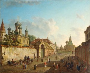 Kilátás a Lubjanka térről a Vlagyimir-kapura Moszkvában, Oroszországban, 1800-as évek.
