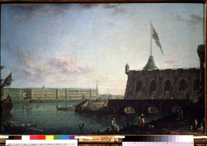 Kilátás a Péter és Pál erődről és a szentpétervári palota rakpartjáról. Fjodor Jakovlevics Alekszejev (1753-1824) festménye. Olaj, vászon, 71,5 x 109 cm