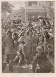 Viktória királynő és a szegények: a királynő látogatása London East End-én, 1873. április 2. (fotogravír) alkotó: G.S. (after) Amato