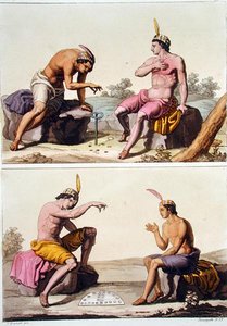 Queciut (fent) és Porotost (lent) játszó indiánok, Chile, a „Le Costume Ancien et Moderne” II. kötet 29. táblájából, Jules Ferrario, metszet: Paolo Fumagalli, kiadva az 1820-as és 30-as évek körül (színes litó) alkotó: G. (after) Bramati