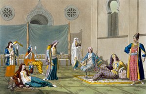 Egy perzsa hárem, a „Le Costume Ancien et Moderne” I. kötet 47. lemezéből, Jules Ferrario, kiadva az 1820-as és 30-as évek körül