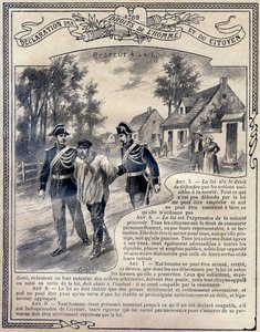 1789: Az ember és a polgár jogainak nyilatkozata : A törvény tiszteletben tartása . Metszet a "Le livre unique de morale et d