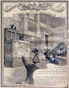 1789: Nyilatkozat az ember és a polgár jogairól: A szólásszabadság tiszteletben tartása. Mélynyomat az "Etikai és állampolgári oktatás egyedülálló könyvében, amely az általános iskola három szakának, valamint a gimnáziumok általános osztályainak tanulói sz alkotó: G. Dascher