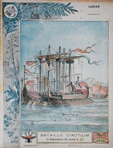 Iskolai füzet borítója, amely az actiumi csatát ábrázolja, Kr. e. 31. szeptember 2., 1900 körül (színes litográfia).