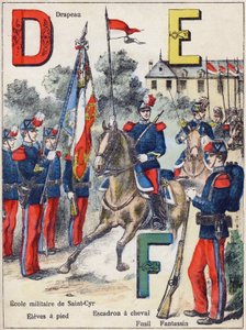 D E F betűk: Zászló, Saint-Cyr katonai iskola (Saint Cyr), Eleves gyalog, Lószázad, Puska és Fantassin, 1900 körül (litográfia)