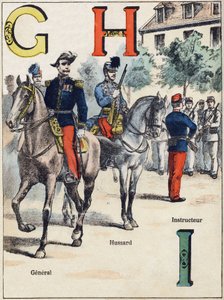 G H I betűk: tábornok, huszár és oktató. Gravírozás az "Alphabet militaire" Grand-Bebe sorozatban. Metszés. Pont-a-Mousson képalkotás. Louis Vagne, Nyomda-kiadó, 1900 körül. G. Dascher illusztrációi. 20 oldal. Mérete: 31,5x24,5 cm alkotó: G. Dascher