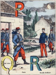 P betűk Q és R: Post, Qui vive! és Tiszti kör. Gravírozás az "Alphabet militaire" Grand-Bebe sorozatban. Metszés. Pont-a-Mousson képalkotás. Louis Vagne, Nyomda-kiadó, 1900 körül. Illusztrációk: G. Dascher. 20 oldal. Mérete: 31,5x24,5 cm