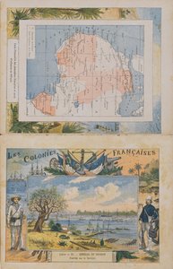 Az afrikai francia birtokok és befolyási övezetek térképe és a Szenegál folyó látványa, egy iskolai füzet borítója, 19. század vége (színes metszet)