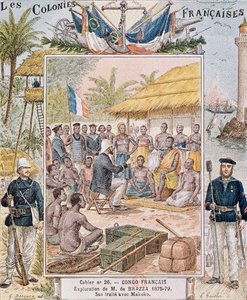 M. de Brazza (1875-79) felfedezése Makokoval kötött szerződése, illusztráció a Les Colonies Francaises-ből