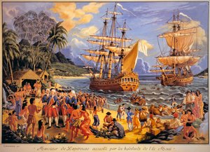 Jean Francois Galaup de Laperouse-t üdvözölték a Csendes-óceáni Sandwich-szigeteken található Mawee Island lakói (színes litho) alkotó: G. Delcausse