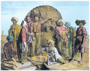 Bernardino Drovetti régész kolosszális fejet mér az egyiptomi sivatagban, 1819 alkotó: G Engelmann