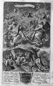 A menny és a pokol jelenete, illusztráció az Anthony Le Grand „A filozófia alapelvei” 1. könyvének 3. részének bevezetőjéből, vésette Johannes Kip (1652/3-1722)