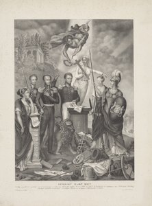 A herceg és a nép közötti szövetség allegóriája, 1832 Eendragt bemutatja Magt / Zinnebeeldig-et a herceg és a nép között létrejött dicsőséges és nagylelkű Eendracht emlékére, a holland jogok fenntartása és védelme érdekében (o cím alkotó: G. Havius Zanders
