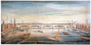 Kilátás az új London Bridge-re nyugatról, csónakokkal és uszályokkal a Temzén, 1831.