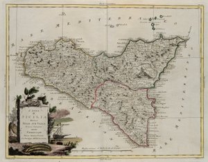 Szicília völgyeire tagolt szigete, G. Zuliani metszete a velencei 1782-ben Velencében kiadott Legújabb Atlasz II. Toméjából, Antonio Zatta magángyűjteményéből alkotó: G. Zuliani