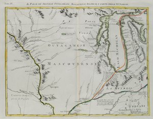Outagamie földje, Mascoutin, az illinoisi indiánok és a Hat Nemzet része, G. Zuliani metszet I. Tome-tól vett „Legújabb atlasz”-ból, amelyet 1778-ban Velencében adott ki Antonio Zatta, Magángyűjtemény alkotó: G. Zuliani