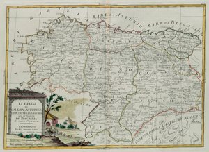 Galícia királyságai, Asturies, Leon, Castilla Vieja Biscallia Tanácsával, G. Zuliani metszete a Velencében 1776-ban kiadott Legújabb Atlasz I. tomejából vett át Antonio Zatta, Priva alkotó: G. Zuliani
