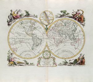 Világtérkép és a földgömb általános leírása, G. Zuliani metszet, amelyet Antonio Zatta 1774-ben Velencében kiadott Legújabb Atlasz I. toméjából vett