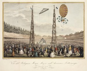 A Bolognese Muzio Muzzi (1809-46) repülése a Retirremiga léghajóban, 1838 alkotó: G. after Meloni
