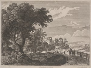 Tájkép a hídon átmenő utazókkal (rézkarc és gravírozás) alkotó: Gabriel (after) Perelle