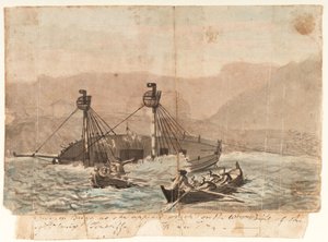 A Brigg expedíció, ahogyan a Sta Cruiz Teneriffe szigetének nyugati pontjánál hajótörést szenvedett 1774 decemberében.