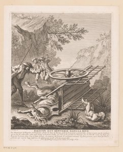 Ragotin valt van de wagen Ragotint ledöntötték a sárba (cím a tárgyon) Jelenetek Roman Comique van Scarrontól (sorozat címe) alkotó: Gabriel Huquier