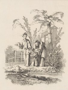 Két nő egy gyereket egy teáskanna felé vezet egy asztalon egy tó közelében, kb. 1742. alkotó: Gabriel Huquier