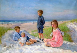 Erik, Else, Ove és Birthe Schultz a tengerparton, 1919 alkotó: Gabriel Jensen