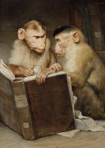 "Les savants" (A tudósok) Két majom nyitott könyvet tartva - Gabriel Cornelius Ritter von Max (1840-1915) festménye Magángyűjtemény