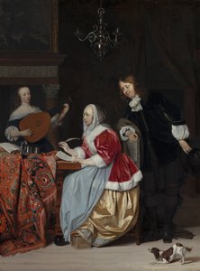 Egy fiatal nő zenedarabot komponál alkotó: Gabriel Metsu
