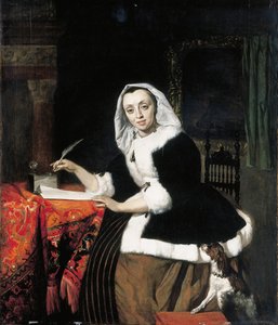 Egy elegáns hölgy az íróasztalánál ír, mellette egy kutya alkotó: Gabriel Metsu