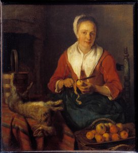 Az alma héja. Egy nő almát hámoz, hogy főzzön egy nyúllal. Gabriel Metsu (1629-1667) festménye Ec. Hol.