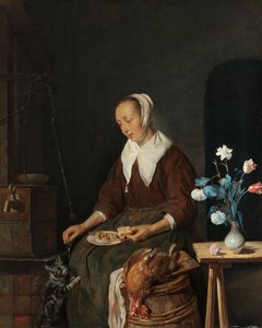 Evő nő, ismertebb nevén "A macska reggelije", 1661-64 körül (olaj, panel) alkotó: Gabriel Metsu