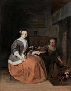 Fiatal nő és cselédje palacsintát etet egy kutyával alkotó: Gabriel Metsu