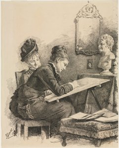 Két nő szobrot rajzol, 1878. alkotó: Gabriel von Hackl