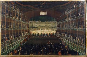 Vacsora a San Benedetto Színházban – „” Fogadás az északi hercegek tiszteletére”” Bankett a nagykövetek összejövetelével. Gabriel Bella (1730-1799) festménye 18. századi Velence, Galleria Fondazione Querini Stampalia alkotó: Gabriele Bella