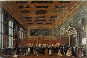 Nagykövetek fogadása a Collegióban (Velence, nagykövet fogadása a Collegióban) - Gabriele Bella (kb. 1730-1799) festménye, olaj, vászon, 99x150 cm. Velence, Querini Stampalia Alapítvány alkotó: Gabriele Bella