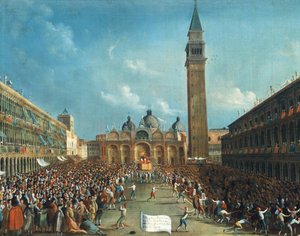 A Dózsát diadalmasan hordják és szórják a pénzt a Piazza San Marco (Szent Márk téren) alkotó: Gabriele Bella