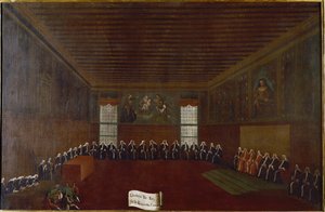 Kilátás a Bűnügyi Karantén, Legfelsőbb Bíróság vagy a Negyvenek Tanácsa szobájára Gabriele Bella (1733-1799) 18. századi velencei festménye, Fondazione “” Querini Stampalia”” alkotó: Gabriele Bella